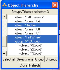 Image shows object hierarchy with rudder items selected